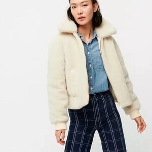 J. Crew faux Sherpa shearling wool blend bomber jacket cream off white